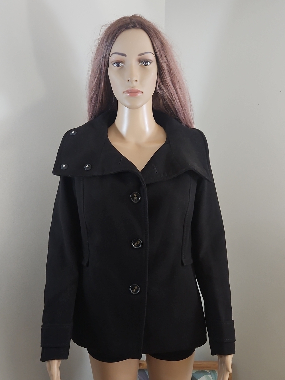 H&M Black Peacoat with Wide Notch Collar Winter Coat Jacket
